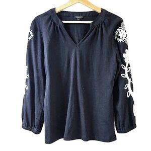 Talbots Black Embroidered Floral Long Sleeve V Neck Top Shirt Womens Size Small